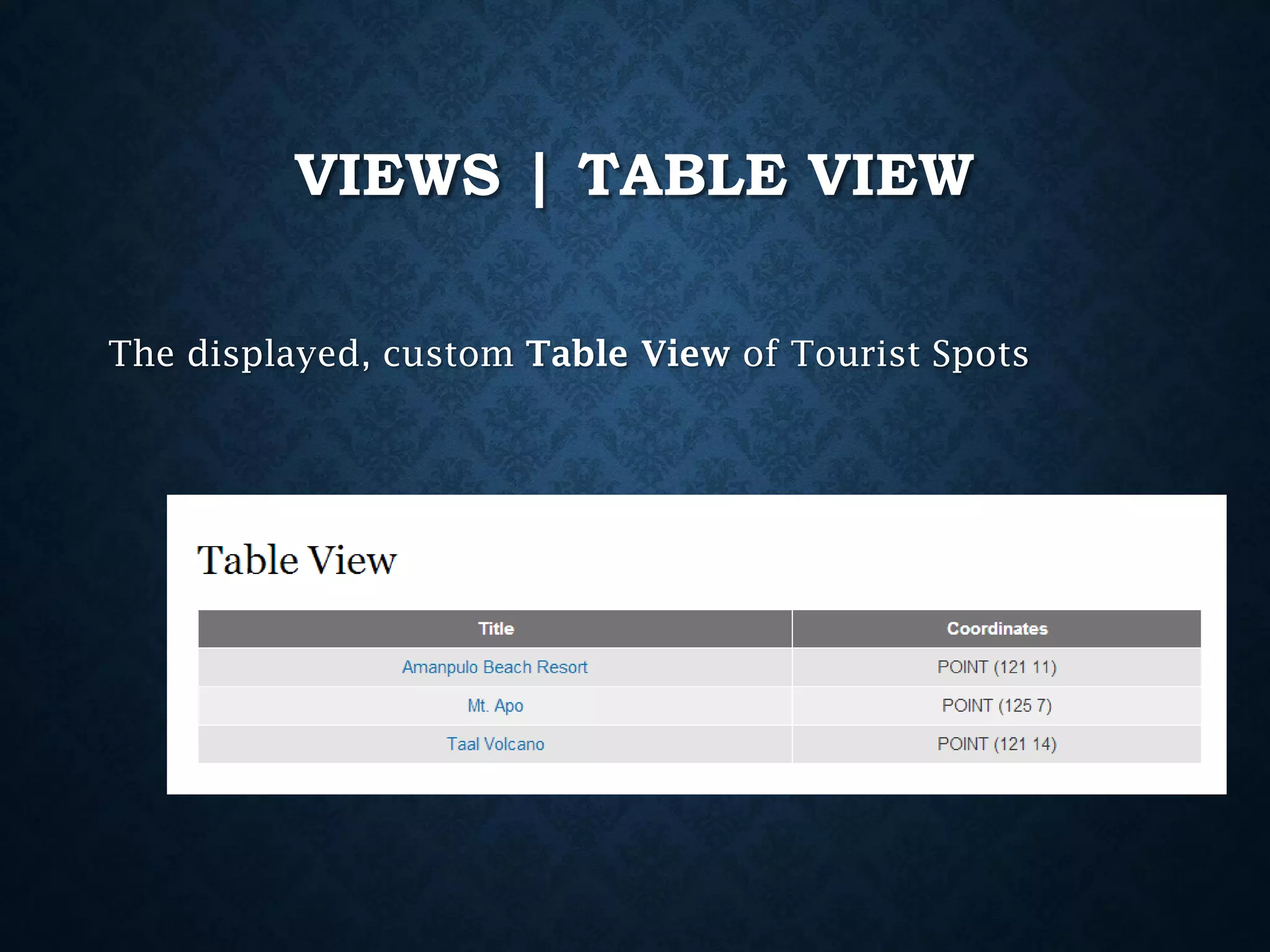 VIEWS | TABLE VIEW
The displayed, custom Table View of Tourist Spots

 