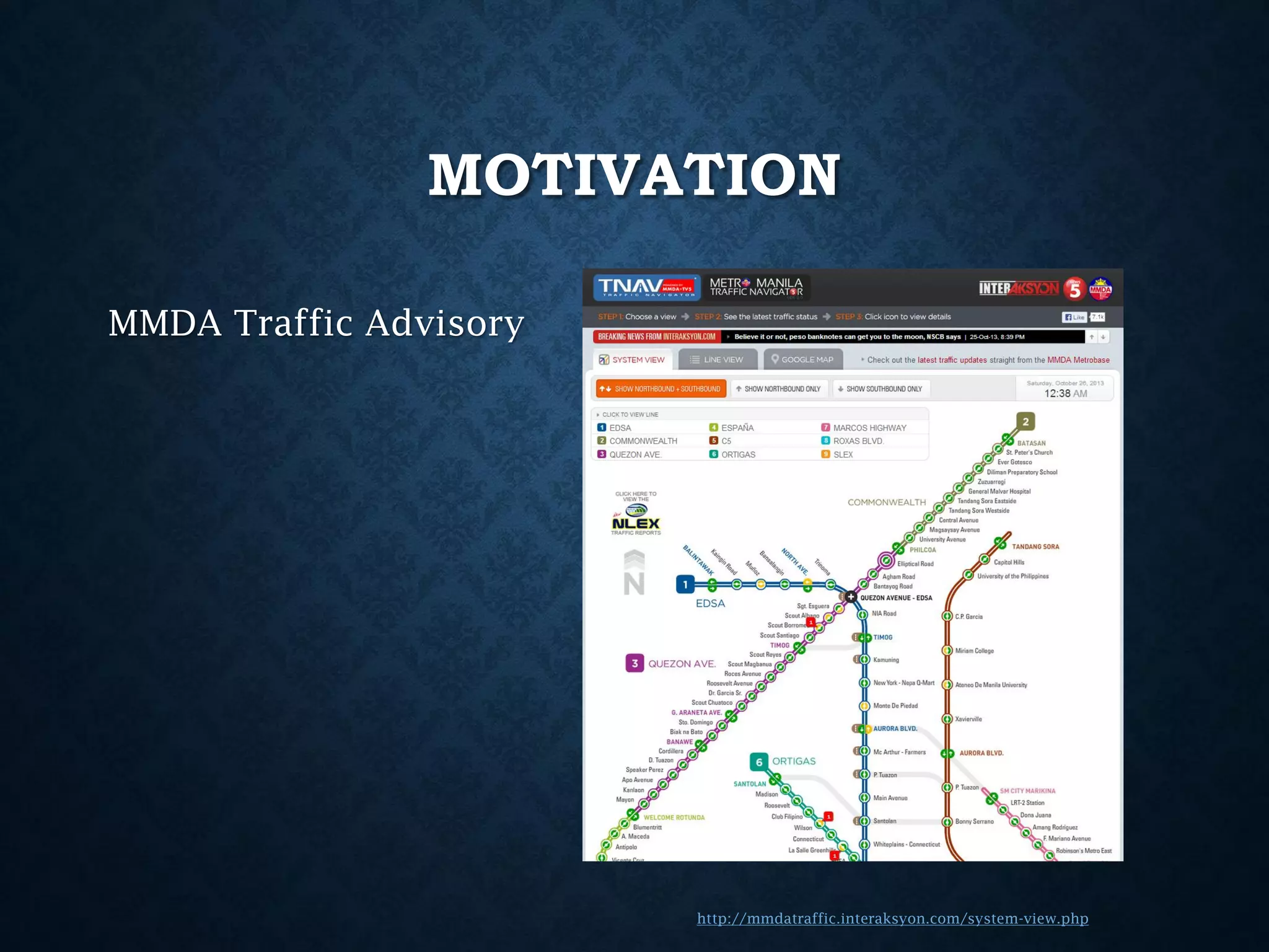 MOTIVATION
MMDA Traffic Advisory

http://mmdatraffic.interaksyon.com/system-view.php

 