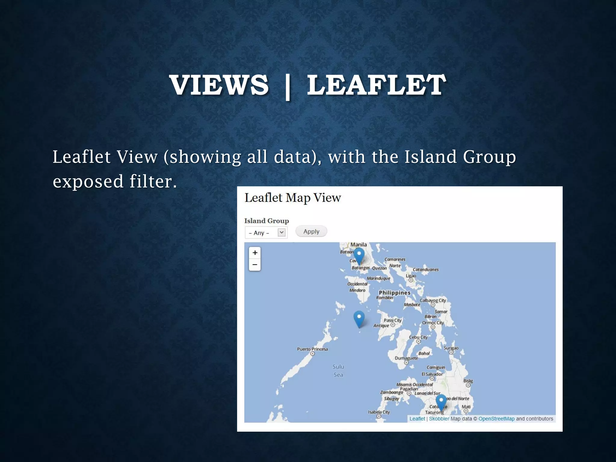 VIEWS | LEAFLET
Leaflet View (showing all data), with the Island Group
exposed filter.

 