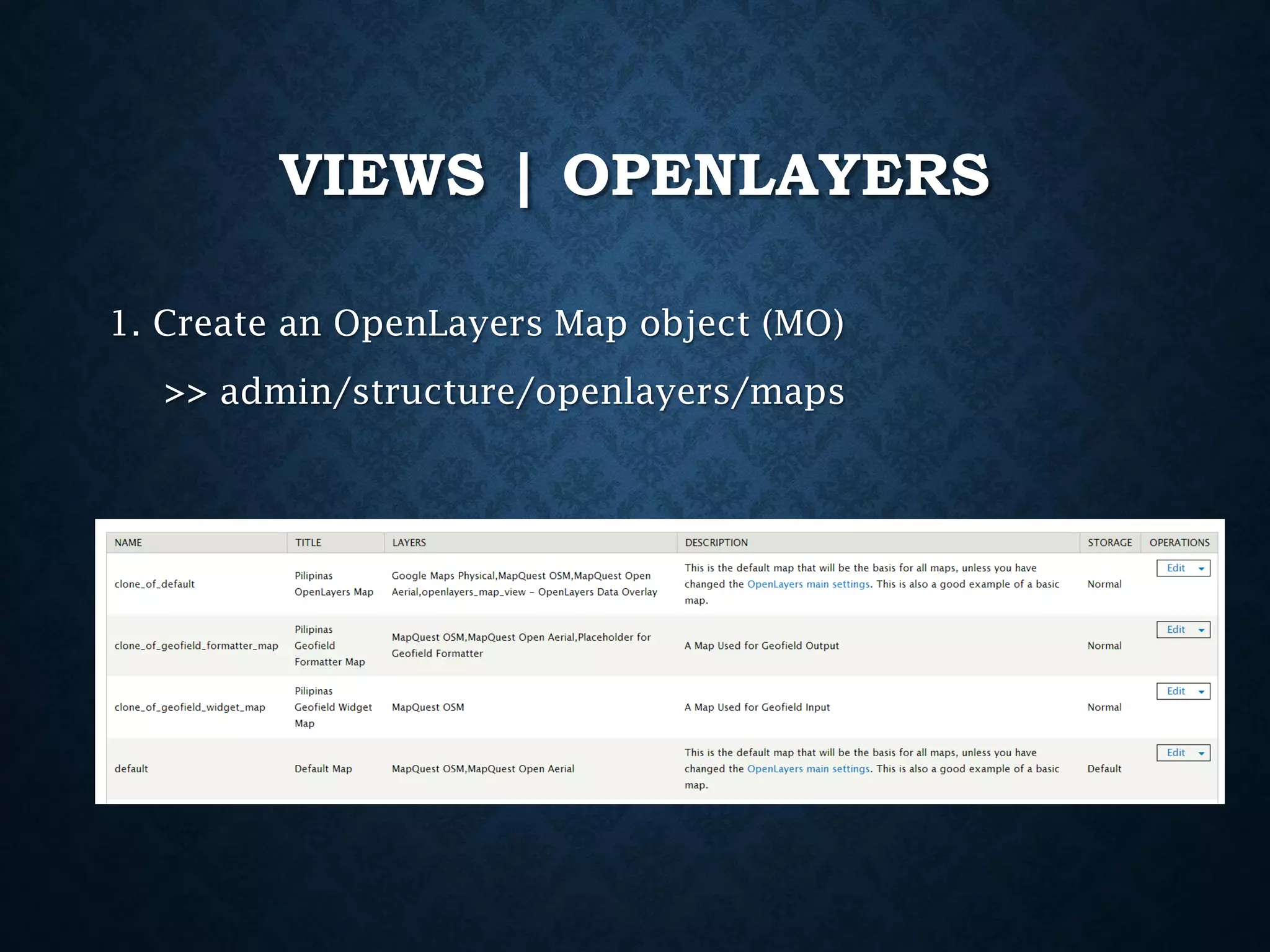 VIEWS | OPENLAYERS
1. Create an OpenLayers Map object (MO)
>> admin/structure/openlayers/maps

 