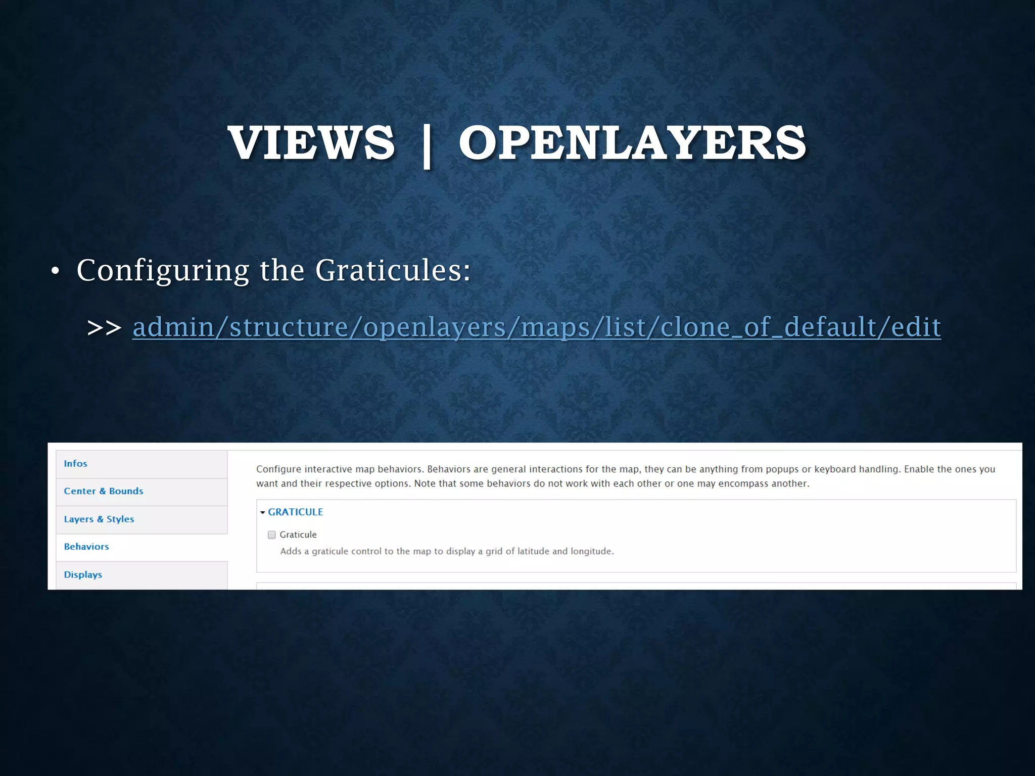 VIEWS | OPENLAYERS
• Configuring the Graticules:
>> admin/structure/openlayers/maps/list/clone_of_default/edit

 