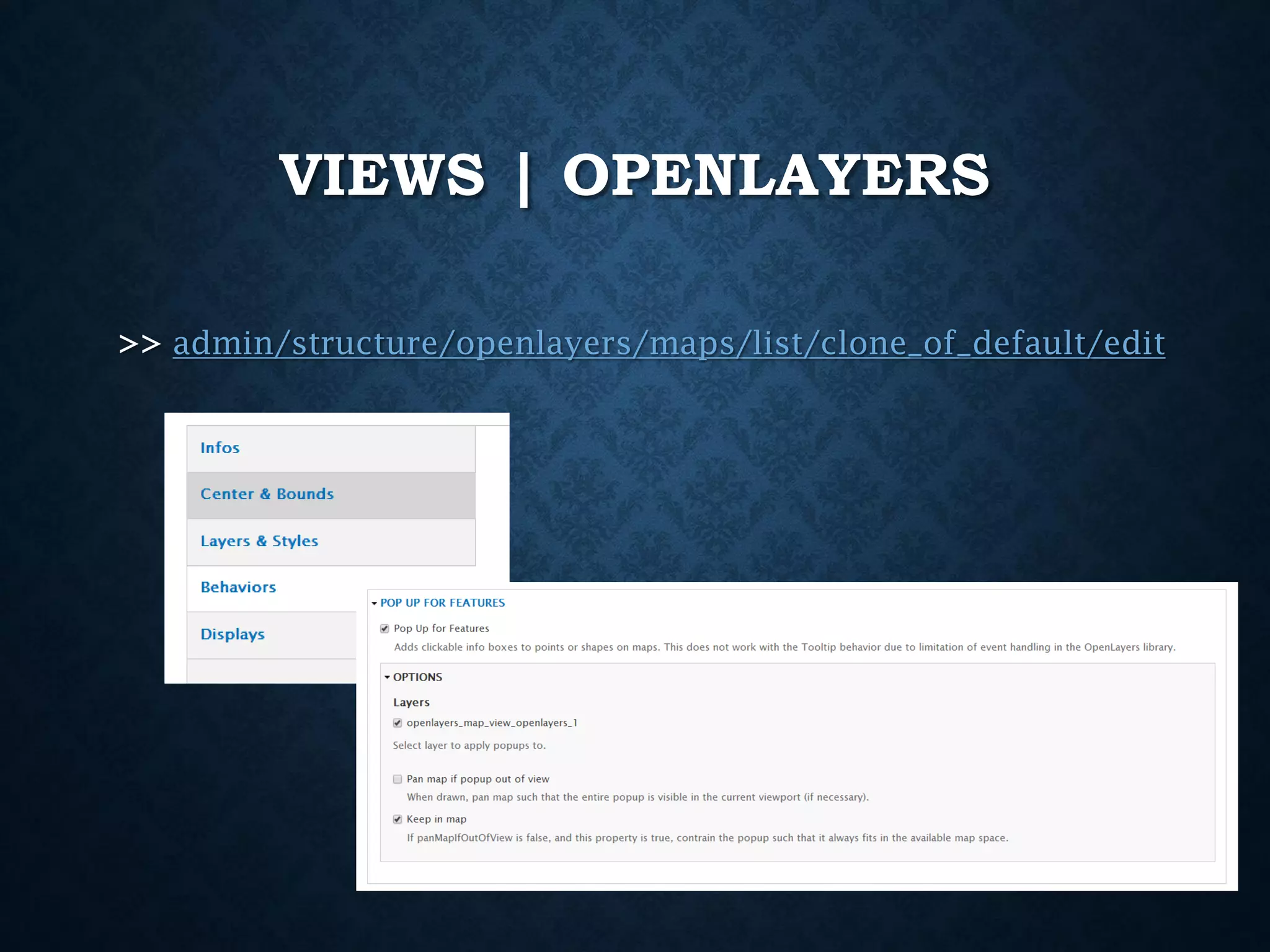 VIEWS | OPENLAYERS
>> admin/structure/openlayers/maps/list/clone_of_default/edit

 