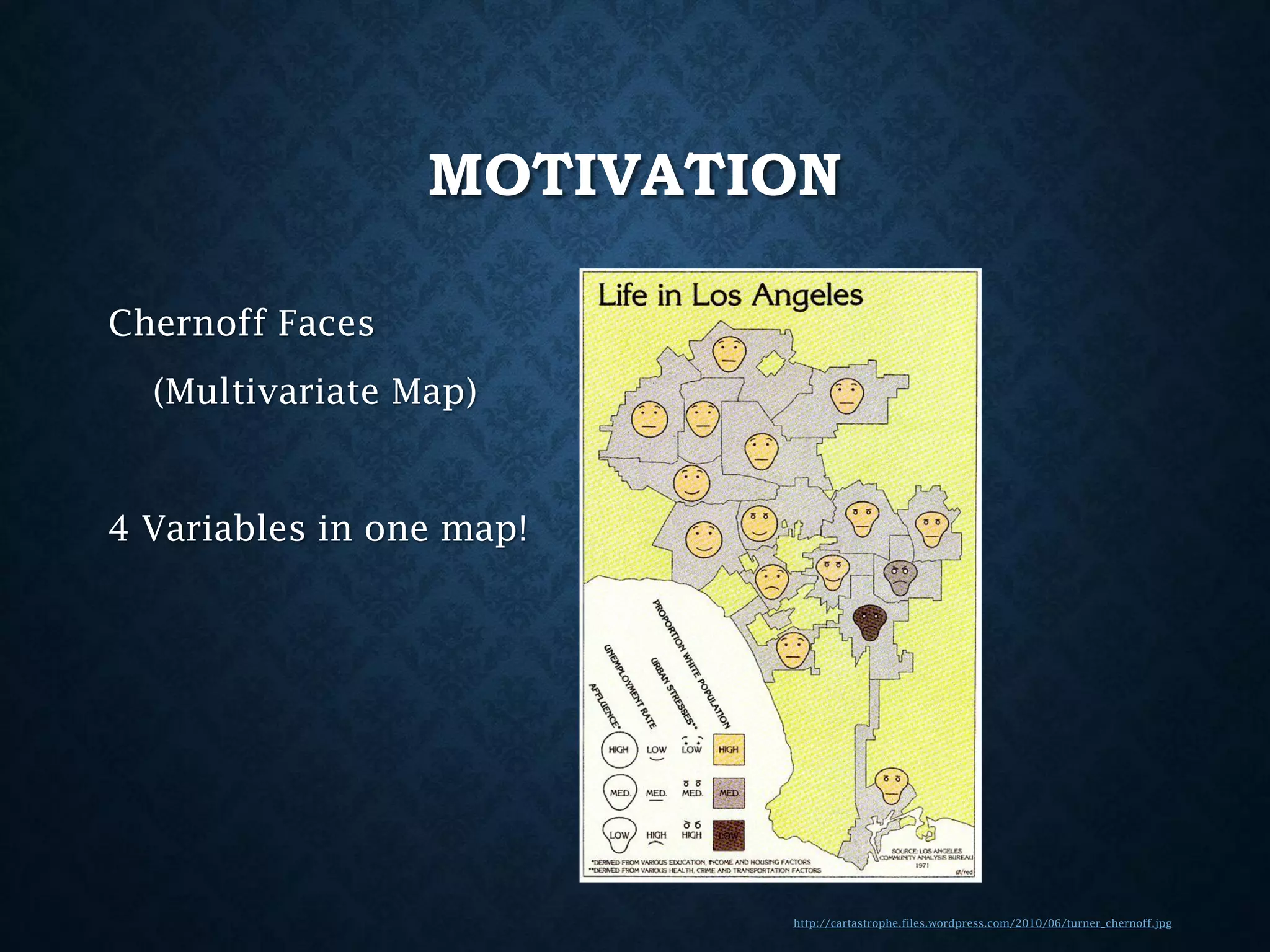 MOTIVATION
Chernoff Faces
(Multivariate Map)

4 Variables in one map!

http://cartastrophe.files.wordpress.com/2010/06/turner_chernoff.jpg

 