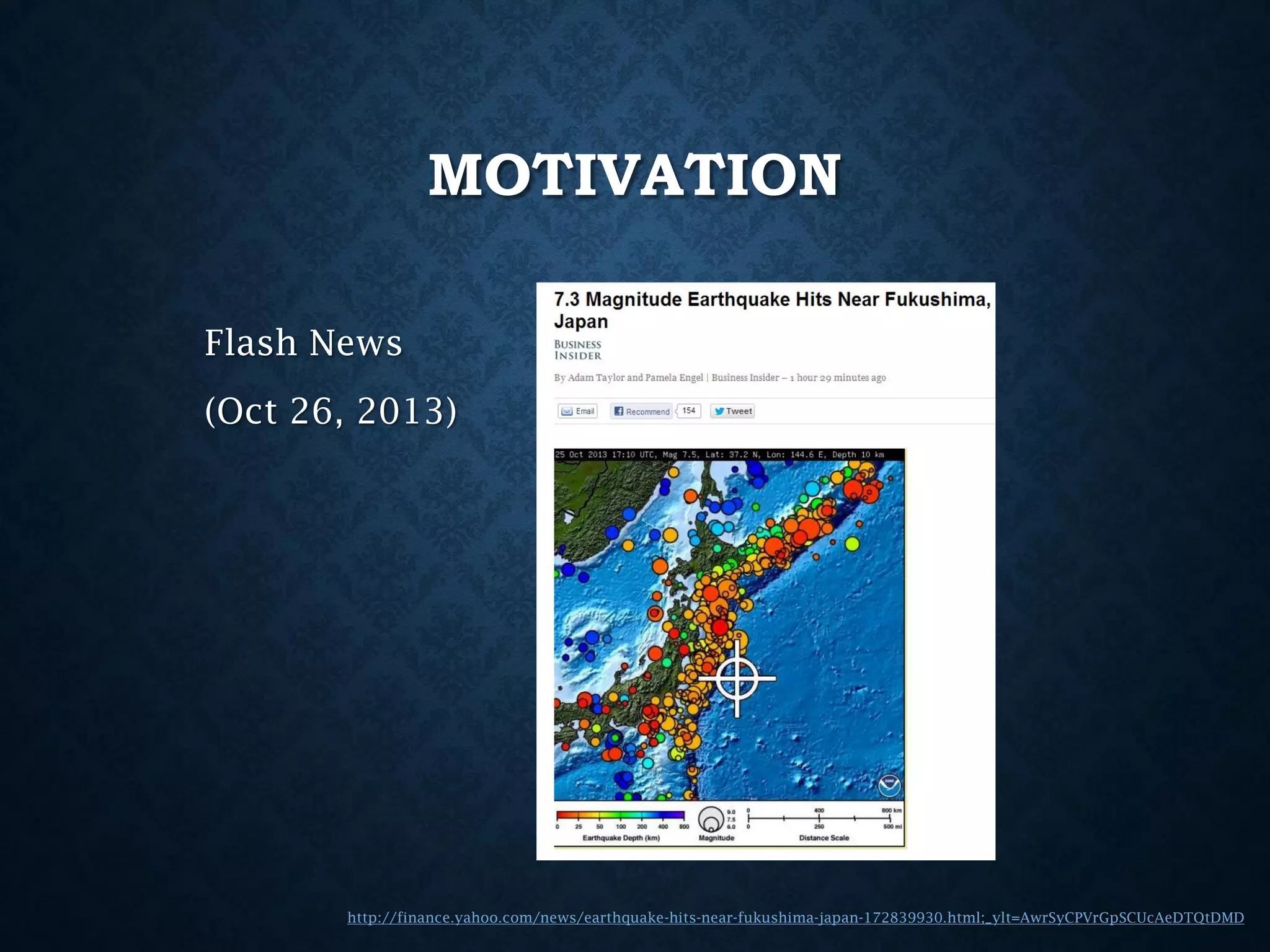 MOTIVATION
Flash News

(Oct 26, 2013)

http://finance.yahoo.com/news/earthquake-hits-near-fukushima-japan-172839930.html;_ylt=AwrSyCPVrGpSCUcAeDTQtDMD

 
