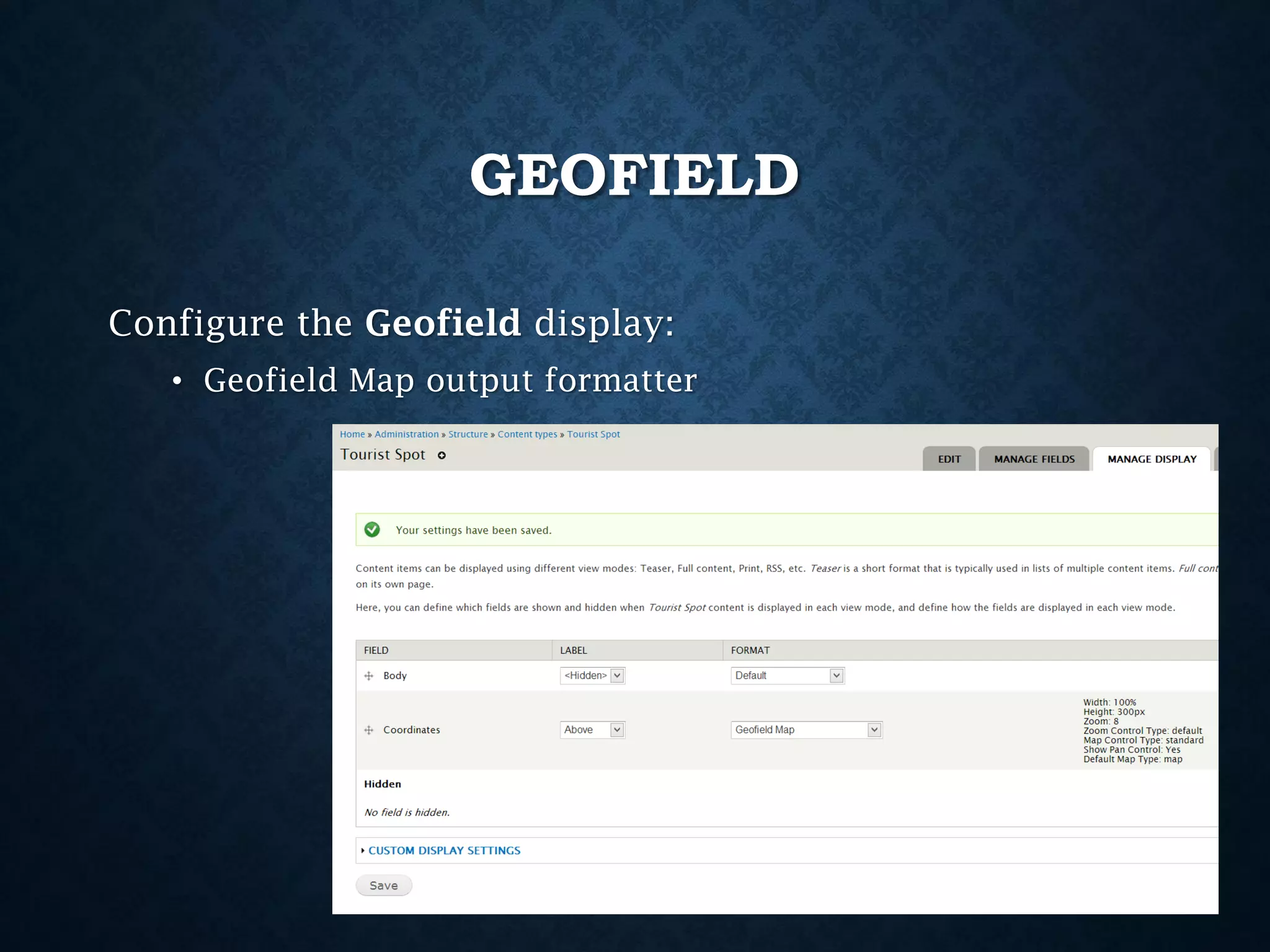 GEOFIELD
Configure the Geofield display:
• Geofield Map output formatter

 