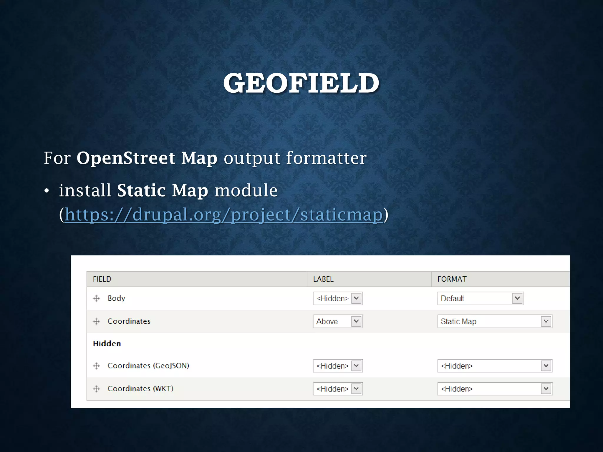 GEOFIELD
For OpenStreet Map output formatter
• install Static Map module
(https://drupal.org/project/staticmap)

 