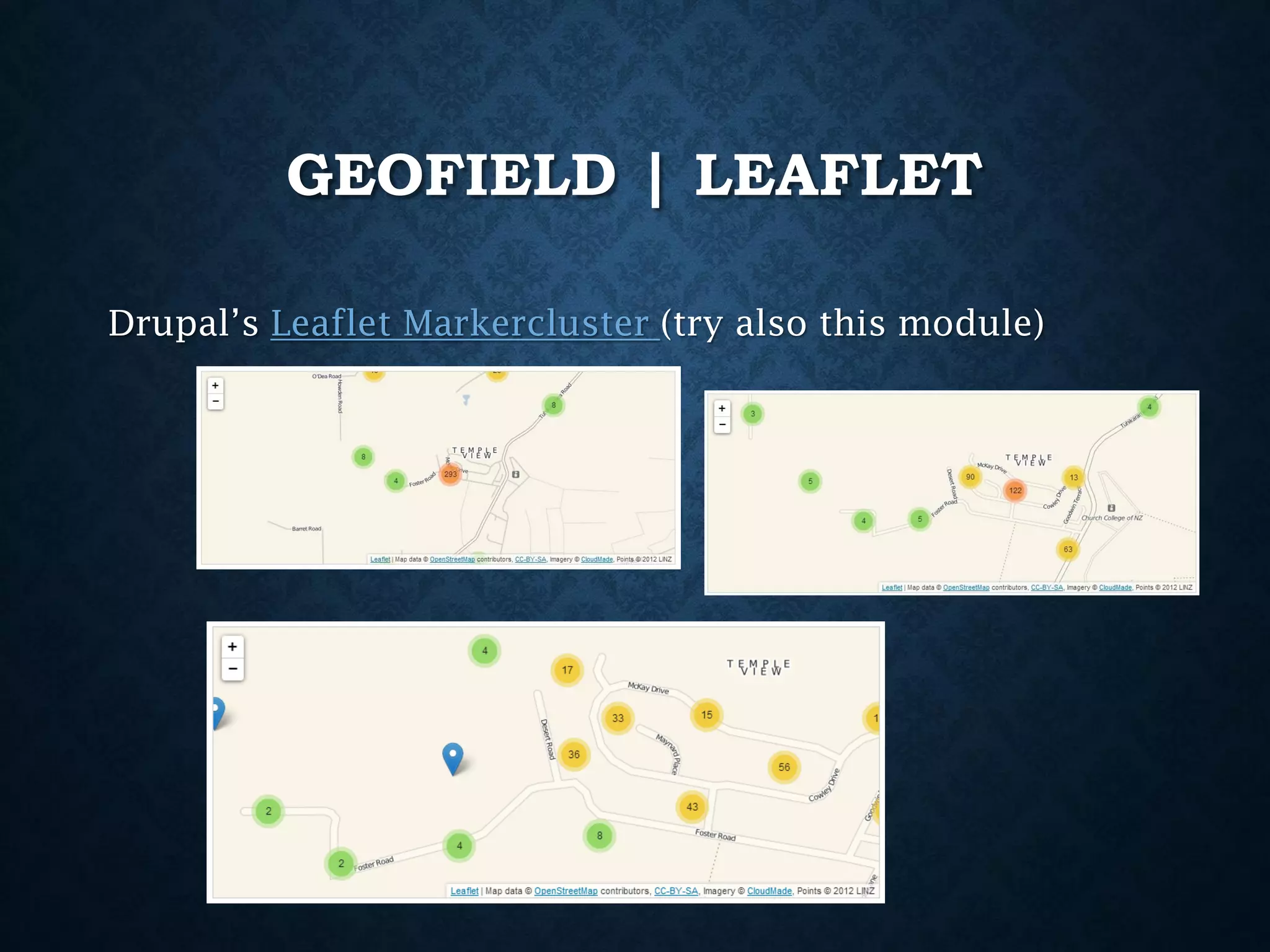 GEOFIELD | LEAFLET
Drupal’s Leaflet Markercluster (try also this module)

 