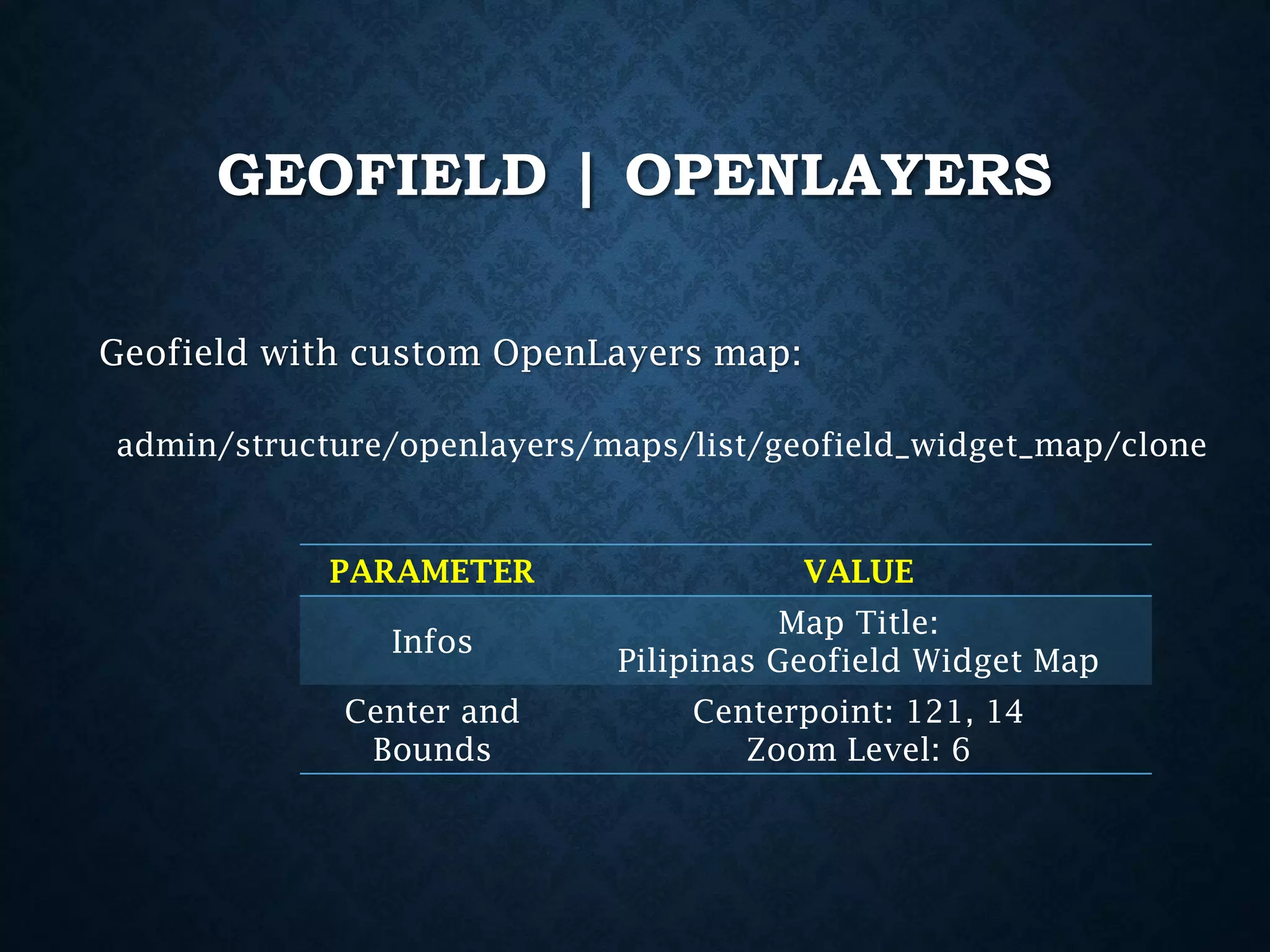 GEOFIELD | OPENLAYERS
Geofield with custom OpenLayers map:
admin/structure/openlayers/maps/list/geofield_widget_map/clone

PARAMETER

VALUE

Infos

Map Title:
Pilipinas Geofield Widget Map

Center and
Bounds

Centerpoint: 121, 14
Zoom Level: 6

 