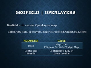 GEOFIELD | OPENLAYERS
Geofield with custom OpenLayers map:
admin/structure/openlayers/maps/list/geofield_widget_map/clone

PARAMETER

VALUE

Infos

Map Title:
Pilipinas Geofield Widget Map

Center and
Bounds

Centerpoint: 121, 14
Zoom Level: 6

 