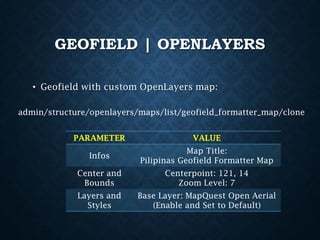 GEOFIELD | OPENLAYERS
• Geofield with custom OpenLayers map:
admin/structure/openlayers/maps/list/geofield_formatter_map/clone
PARAMETER

VALUE

Infos

Map Title:
Pilipinas Geofield Formatter Map

Center and
Bounds

Centerpoint: 121, 14
Zoom Level: 7

Layers and
Styles

Base Layer: MapQuest Open Aerial
(Enable and Set to Default)

 