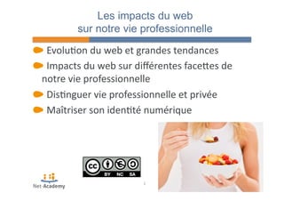 Les impacts du web 
sur notre vie professionnelle 
" 
Evolu4on 
du 
web 
et 
grandes 
tendances 
" 
Impacts 
du 
web 
sur 
différentes 
facePes 
de 
notre 
vie 
professionnelle 
" 
Dis4nguer 
vie 
professionnelle 
et 
privée 
" 
Maîtriser 
son 
iden4té 
numérique 
3 
 