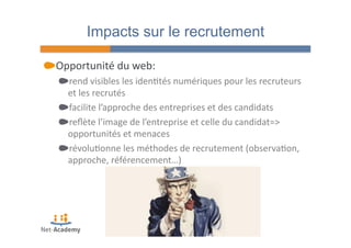 Impacts sur le recrutement 
" Opportunité 
du 
web: 
" rend 
visibles 
les 
iden4tés 
numériques 
pour 
les 
recruteurs 
et 
les 
recrutés 
" facilite 
l’approche 
des 
entreprises 
et 
des 
candidats 
" reflète 
l’image 
de 
l’entreprise 
et 
celle 
du 
candidat=> 
opportunités 
et 
menaces 
" révolu4onne 
les 
méthodes 
de 
recrutement 
(observa4on, 
approche, 
référencement…) 
 
