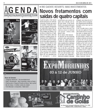 8                                                                                                                                               08 A 14 DE ABRIL DE 2011


                                                                   RIO QUENTE RESORTS: MAIS INVESTIMENTOS

                                                               Novos fretamentos com
                                                               saídas de quatro capitais
                                                               A partir de junho, o Rio Quente            promocionais para pacotes de          to pagante, uma criança de até 12
                                                               Resorts (GO) passa a ter, além dos         quatro, cinco e oito dias, com saí-   anos ganha cortesia na hospeda-
                                                               fretamentos semanais que partem            das pela manhã. “O Rio Quente         gem, pagando apenas R$ 848 pela
                                                               de Guarulhos, fretamentos sema-            Resorts é uma opção turística para    passagem aérea mais taxa de
                                                               nais dos aeroportos internacionais         os brasileiros de todas as regiões    embarque.
                                                               de Confins (BH), Galeão (RJ), Sal-         do país. Nossas parcerias com         O dia 2 de julho marca o início
                                                               gado Filho (Porto Alegre) e Afonso         empresas aéreas só reafirmam          dos voos nas capitais do Paraná
                                                               Pena (Curitiba) com destino a Cal-         esta posição”, enfatiza ainda         e Rio Grande do Sul. Os voos par-
                                                               das Novas. A cidade fica a 27 quilô-       Manoel Carlos.                        tirão todos os sábados pela ma-
                                                               metros de Rio Quente, onde está            Rio de Janeiro e Belo Horizonte       nhã dos aeroportos Salgado Fi-
                                                               localizado o complexo turístico.“As        As operações do novo fretamento       lho (Porto Alegre) e Afonso Pena
                                                               frequências foram viabilizadas gra-        começam a valer a partir do dia 23    (Curitiba), em pacotes de oito dias
                                                               ças ao grande sucesso de ocupa-            de junho nas capitais fluminense      a partir de R$ 4.316 por pessoa
                                                               ção da nossa última temporada de           e mineira. As saídas acontecerão      em apartamento duplo nos hotéis
                                                               inverno. Queremos oferecer mais            todas às quintas-feiras e domingos    Giardino ou Flat I ou III, com café
                                                               comodidade e facilidade aos clien-         pela manhã, do Galeão (RJ) e Con-     da manhã e almoço com água,
                                                               tes de várias regiões brasileiras”, des-   fins (MG), em pacotes de quatro,      suco, refrigerante e sobremesa à
                                                               taca Manoel Carlos Cardoso, diretor        cinco ou oito dias a partir de R$     vontade. A cada adulto pagante,
                                                               de experiência marketing e vendas.         2.239 por pessoa em apartamento       uma criança de até 12 anos ga-
                                                               Para a parceria, foram montados            duplo nos hotéis Giardino ou Flat I   nha cortesia na hospedagem, pa-
                                                               pacotes operados com aeronaves             ou III, com café da manhã e almo-     gando apenas R$ 848 pela pas-
                                                               Airbus 320, com capacidade para            ço com água, suco, refrigerante e     sagem aérea mais taxa de em-
                                                               174 passageiros, e preços                  sobremesa à vontade. A cada adul-     barque. [Jornal de Turismo]




    Dicas da Semana:
    - Chopperia Boulevard - Recomendadíssima!
    - Dody`s Restaurante - Bons momentos estão no Dody`s.
    - Churrascaria e Choperia Picanha na Brasa. Vale a pena!
    - Bar do Gonça - A melhor costela da cidade!
    - Trem Bão [bar e restaurante] - Muito bom!
 