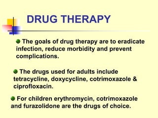 DRUG THERAPY
The goals of drug therapy are to eradicate
infection, reduce morbidity and prevent
complications.
The drugs used for adults include
tetracycline, doxycycline, cotrimoxazole &
ciprofloxacin.
For children erythromycin, cotrimoxazole
and furazolidone are the drugs of choice.
 