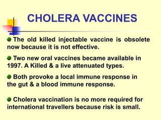 CHOLERA VACCINES
The old killed injectable vaccine is obsolete
now because it is not effective.
Two new oral vaccines became available in
1997. A Killed & a live attenuated types.
Both provoke a local immune response in
the gut & a blood immune response.
Cholera vaccination is no more required for
international travellers because risk is small.
 
