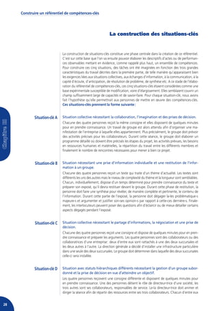 Construire un référentiel de compétences-clés




                                                                  La construction des situations-clés


                               La construction de situations-clés constitue une phase centrale dans la création de ce référentiel.
                               C’est sur cette base que l’on va ensuite pouvoir élaborer les descriptifs d’actes ou de performan-
                               ces observables mettant en évidence, comme rappelé plus haut, un ensemble de compétences.
                               Pour construire ces cinq situations, des tâches ont été imaginées en fonction des trois grandes
                               caractéristiques du travail décrites dans la première partie, de telle manière qu’apparaissent bien
                               les exigences liées aux situations collectives, aux échanges d’information, à la communication, à la
                               capité d’écoute, d’anticipation, de résolution de problème, de synthèse etc. A ce stade de l’élabo-
                               ration du référentiel de compétences-clés, ces cinq situations-clés étaient considérées comme une
                               base expérimentale susceptible de modification, voire d’élargissement. Elles semblaient couvrir un
                               champ suffisamment large de capacités et de savoir-faire. Pour chaque situation-clé, nous avons
                               fait l’hypothèse qu’elle permettrait aux personnes de mettre en œuvre des compétences-clés.
                               Ces situations-clés prennent la forme suivante :


            Situation-clé A    Situation collective nécessitant la collaboration, l’imagination et des prises de décision.
                               Chacune des quatre personnes reçoit la même consigne et elles disposent de quelques minutes
                               pour en prendre connaissance. Un travail de groupe est alors attendu afin d’organiser une ma-
                               nifestation de l’entreprise à laquelle elles appartiennent. Plus précisément, le groupe doit prévoir
                               des activités précises pour les collaborateurs. Durant cette séance, le groupe doit élaborer un
                               programme détaillé où doivent être précisés les étapes du projet, les activités prévues, les besoins
                               en ressources humaines et matérielles, la répartition du travail entre les différents membres et
                               finalement le nombre de rencontres nécessaires pour mener à bien ce projet.


             Situation-clé B   Situation nécessitant une prise d’information individuelle et une restitution de l’infor-
                               mation à un groupe.
                               Chacune des quatre personnes reçoit un texte qui traite d’un thème d’actualité. Les textes sont
                               différents les uns des autres mais le niveau de complexité du thème et la longueur sont semblables.
                               Chacun, individuellement, dispose d’un temps déterminé pour prendre connaissance du texte et
                               préparer son exposé, qu’il devra restituer devant le groupe. Durant cette phase de restitution, la
                               personne doit faire une synthèse pour révéler, de manière complète et pertinente, le contenu de
                               l’information. Durant cette partie de l’exposé, la personne doit dégager la-les problématique-s
                               majeure-s et argumenter et justifier son-ses opinion-s par rapport à cette-ces dernière-s. Finale-
                               ment, les interlocuteurs peuvent poser des questions afin d’éclaircir ou de mieux détailler certains
                               aspects dégagés pendant l’exposé.


             Situation-clé C   Situation collective nécessitant le partage d’informations, la négociation et une prise de
                               décision.
                               Chacune des quatre personnes reçoit une consigne et dispose de quelques minutes pour en pren-
                               dre connaissance et préparer les arguments. Les quatre personnes sont des collaborateurs ou des
                               collaboratrices d’une entreprise : deux d’entre eux sont rattachés à une des deux succursales et
                               les deux autres à l’autre. La direction générale a décidé d’installer une infrastructure particulière
                               dans une seule des deux succursales. Le groupe doit déterminer dans laquelle des deux succursales
                               celle-ci sera installée.


            Situation-clé D    Situation avec statuts hiérarchiques différents nécessitant la gestion d’un groupe subor-
                               donné et la prise de décision en vue d’atteindre un objectif.
                               Les quatre personnes reçoivent une consigne différente et disposent de quelques minutes pour
                               en prendre connaissance. Une des personnes détient le rôle de directeur-trice d’une société, les
                               trois autres sont ses collaborateurs, responsables de service. Le-la directeur-trice doit animer et
                               diriger la séance afin de répartir des ressources entre ses trois collaborateurs. Chacun d’entre eux


28
 
