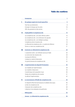 Table des matières


      Introduction                                                             1

I     De quelques aspects du travail aujourd’hui                               5

      Faire face aux événements                                                8
      Echanger et interagir avec les autres                                   10
      Offrir des prestations et des services                                  11

II    Employabilité et compétences-clés                                       13

      Les compétences-clés : une notion difficile à définir                   16
      Les compétences-clés : une combinaison de capacités                     17
      Les compétences-clés : une intelligence pratique                        18
      Compétences-clés et situations-clés                                     19
      Le référentiel de compétences-clés : un système de référence            20
      Donner un statut aux compétences-clés                                   21

III   Construire un référentiel de compétences-clés                           23

      L’ assessment center : une méthode reconnue et fiable                   26
      La construction des situations-clés                                     28
      Le groupe de référence                                                  30
      L’analyse du matériel d’observation                                     31
      Six grands domaines de compétences-clés                                 32

IV    L’expérimentation du dispositif d’évaluation                            35

      Les modalités de l’expérimentation                                      38
      Les modalités d’observation                                             39
      Caractéristiques de la population reçue                                 40
      Analyse des compétences-clés acquises                                   41
      Au-delà de l’expérimentation                                            42

V     La reconnaissance officielle des compétences-clés                       43

      Un dispositif officiel de reconnaissance et validation des acquis       46
      Le bilan de compétences-clés                                            47
      L’évaluation des compétences-clés                                       48
      L’obtention d’une attestation de qualification                          50

      Bibliographie                                                           53

      Annexe – Le référentiel de compétences-clés                             55
 
