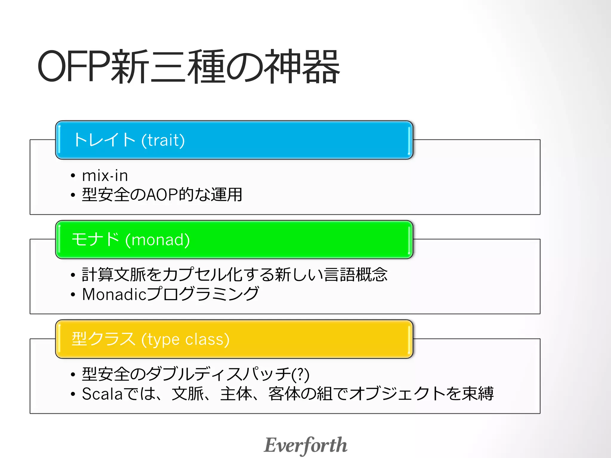 OFP新三種の神器 
トレイト (trait) 
• mix-in 
• 型安全のAOP的な運⽤用 
モナド (monad) 
• 計算⽂文脈をカプセル化する新しい⾔言語概念念 
• Monadicプログラミング 
型クラス (type class) 
• 型安全のダブルディスパッチ(?) 
• Scalaでは、⽂文脈、主体、客体の組でオブジェクトを束縛 
 