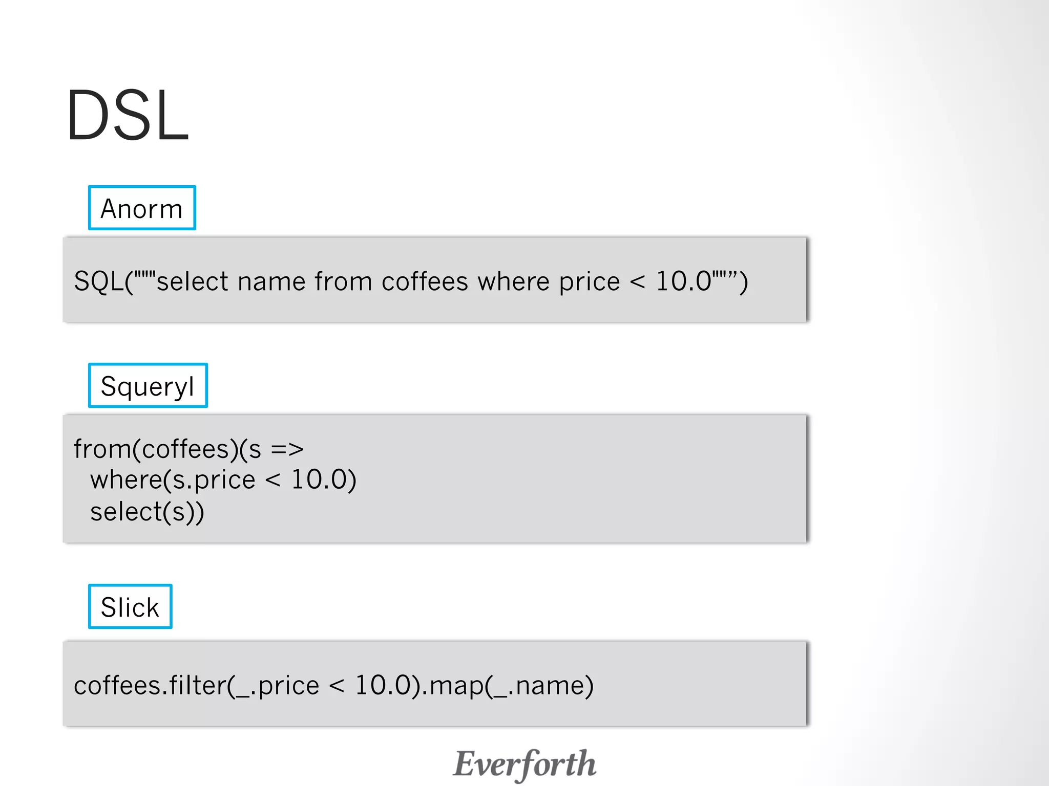 DSL 
Anorm 
SQL(select name from coffees where price  10.0”) 
Squeryl 
from(coffees)(s = 
where(s.price  10.0) 
select(s)) 
Slick 
coffees.filter(_.price  10.0).map(_.name) 
 