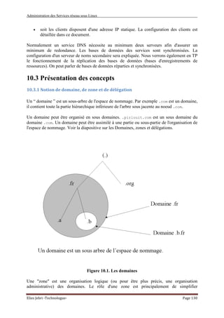 Administration des Services réseau sous Linux
Elies Jebri -Technologue- Page 130
• soit les clients disposent d'une adresse IP statique. La configuration des clients est
détaillée dans ce document.
Normalement un service DNS nécessite au minimum deux serveurs afin d'assurer un
minimum de redondance. Les bases de données des services sont synchronisées. La
configuration d'un serveur de noms secondaire sera expliquée. Nous verrons également en TP
le fonctionnement de la réplication des bases de données (bases d'enregistrements de
ressources). On peut parler de bases de données réparties et synchronisées.
10.3 Présentation des concepts
10.3.1 Notion de domaine, de zone et de délégation
Un “ domaine ” est un sous-arbre de l'espace de nommage. Par exemple .com est un domaine,
il contient toute la partie hiérarchique inférieure de l'arbre sous jacente au noeud .com.
Un domaine peut être organisé en sous domaines. .pirlouit.com est un sous domaine du
domaine .com. Un domaine peut être assimilé à une partie ou sous-partie de l'organisation de
l'espace de nommage. Voir la diapositive sur les Domaines, zones et délégations.
Figure 10.1. Les domaines
Une "zone" est une organisation logique (ou pour être plus précis, une organisation
administrative) des domaines. Le rôle d'une zone est principalement de simplifier
 
