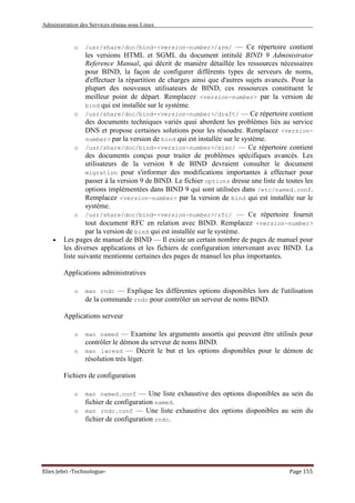 Administration des Services réseau sous Linux
Elies Jebri -Technologue- Page 155
o /usr/share/doc/bind-<version-number>/arm/ — Ce répertoire contient
les versions HTML et SGML du document intitulé BIND 9 Administrator
Reference Manual, qui décrit de manière détaillée les ressources nécessaires
pour BIND, la façon de configurer différents types de serveurs de noms,
d'effectuer la répartition de charges ainsi que d'autres sujets avancés. Pour la
plupart des nouveaux utilisateurs de BIND, ces ressources constituent le
meilleur point de départ. Remplacez <version-number> par la version de
bind qui est installée sur le système.
o /usr/share/doc/bind-<version-number>/draft/ — Ce répertoire contient
des documents techniques variés quui abordent les problèmes liés au service
DNS et propose certaines solutions pour les résoudre. Remplacez <version-
number> par la version de bind qui est installée sur le système.
o /usr/share/doc/bind-<version-number>/misc/ — Ce répertoire contient
des documents conçus pour traiter de problèmes spécifiques avancés. Les
utilisateurs de la version 8 de BIND devraient consulter le document
migration pour s'informer des modifications importantes à effectuer pour
passer à la version 9 de BIND. Le fichier options dresse une liste de toutes les
options implémentées dans BIND 9 qui sont utilisées dans /etc/named.conf.
Remplacez <version-number> par la version de bind qui est installée sur le
système.
o /usr/share/doc/bind-<version-number>/rfc/ — Ce répertoire fournit
tout document RFC en relation avec BIND. Remplacez <version-number>
par la version de bind qui est installée sur le système.
• Les pages de manuel de BIND — Il existe un certain nombre de pages de manuel pour
les diverses applications et les fichiers de configuration intervenant avec BIND. La
liste suivante mentionne certaines des pages de manuel les plus importantes.
Applications administratives
o man rndc — Explique les différentes options disponibles lors de l'utilisation
de la commande rndc pour contrôler un serveur de noms BIND.
Applications serveur
o man named — Examine les arguments assortis qui peuvent être utilisés pour
contrôler le démon du serveur de noms BIND.
o man lwresd — Décrit le but et les options disponibles pour le démon de
résolution très léger.
Fichiers de configuration
o man named.conf — Une liste exhaustive des options disponibles au sein du
fichier de configuration named.
o man rndc.conf — Une liste exhaustive des options disponibles au sein du
fichier de configuration rndc.
 