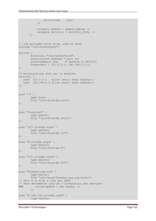 Administration des Services réseau sous Linux
Elies Jebri -Technologue- Page 162
print-time yes;
};
category update { update_debug; };
category security { security_info; };
};
// clé partagée entre bind, rndc et dhcp
include "/etc/bind/mykey";
options {
directory "/var/cache/bind";
query-source address * port 53;
auth-nxdomain yes; # conform to RFC1035
forwarders { 127.0.0.1; 192.168.0.1;};
};
// Autorisations rndc sur la machine.
controls {
inet 127.0.0.1 allow {any;} keys {mykey;};
inet 192.168.0.0 allow {any;} keys {mykey;};
};
zone "." {
type hint;
file "/etc/bind/db.root";
};
zone "localhost" {
type master;
file "/etc/bind/db.local";
};
zone "127.in-addr.arpa" {
type master;
file "/etc/bind/db.127";
};
zone "0.in-addr.arpa" {
type master;
file "/etc/bind/db.0";
};
zone "255.in-addr.arpa" {
type master;
file "/etc/bind/db.255";
};
zone "freeduc-sup.org" {
type master;
file "/etc/bind/freeduc-sup.org.hosts";
// Sert à la mise à jour par DHCP
// Sera décommenté lors de l'intégration des services
### allow-update { key mykey; };
};
zone "0.168.192.in-addr.arpa" {
type master;
 