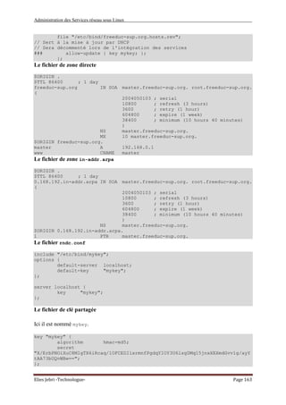 Administration des Services réseau sous Linux
Elies Jebri -Technologue- Page 163
file "/etc/bind/freeduc-sup.org.hosts.rev";
// Sert à la mise à jour par DHCP
// Sera décommenté lors de l'intégration des services
### allow-update { key mykey; };
};
Le fichier de zone directe
$ORIGIN .
$TTL 86400 ; 1 day
freeduc-sup.org IN SOA master.freeduc-sup.org. root.freeduc-sup.org.
(
2004050103 ; serial
10800 ; refresh (3 hours)
3600 ; retry (1 hour)
604800 ; expire (1 week)
38400 ; minimum (10 hours 40 minutes)
)
NS master.freeduc-sup.org.
MX 10 master.freeduc-sup.org.
$ORIGIN freeduc-sup.org.
master A 192.168.0.1
www CNAME master
Le fichier de zone in-addr.arpa
$ORIGIN .
$TTL 86400 ; 1 day
0.168.192.in-addr.arpa IN SOA master.freeduc-sup.org. root.freeduc-sup.org.
(
2004050103 ; serial
10800 ; refresh (3 hours)
3600 ; retry (1 hour)
604800 ; expire (1 week)
38400 ; minimum (10 hours 40 minutes)
)
NS master.freeduc-sup.org.
$ORIGIN 0.168.192.in-addr.arpa.
1 PTR master.freeduc-sup.org.
Le fichier rndc.conf
include "/etc/bind/mykey";
options {
default-server localhost;
default-key "mykey";
};
server localhost {
key "mykey";
};
Le fichier de clé partagée
Ici il est nommé mykey.
key "mykey" {
algorithm hmac-md5;
secret
"X/ErbPNOiXuC8MIgTX6iRcaq/1OFCEDIlxrmnfPgdqYIOY3U6lsgDMq15jnxXEXmdGvv1g/ayY
tAA73bUQvWBw==";
};
 