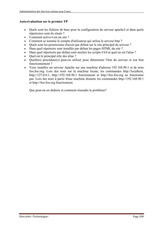 Administration des Services réseau sous Linux
Elies Jebri -Technologue- Page 208
Auto-évaluation sur le premier TP
• Quels sont les fichiers de base pour la configuration du serveur apache2 et dans quels
répertoires sont-ils situés ?
• Comment active-t-on un site ?
• Comment se nomme le compte d'utilisateur qui utilise le serveur http ?
• Quels sont les permissions d'accès par défaut sur le site principal du serveur ?
• Dans quel répertoire sont installés par défaut les pages HTML du site ?
• Dans quel répertoire par défaut sont stockés les scripts CGI et quel en est l'alias ?
• Quel est le principal rôle des alias ?
• Quelle(s) procédure(s) peut-on utiliser pour déterminer l'état du serveur et son bon
fonctionnement ?
• Vous installez un serveur Apache sur une machine d'adresse 192.168.90.1 et de nom
foo.foo.org. Lors des tests sur la machine locale, les commandes http://localhost,
http://127.0.0.1, http://192.168.90.1 fonctionnent et http://foo.foo.org ne fonctionne
pas. Lors des tests à partir d'une machine distante les commandes http://192.168.90.1
et http://foo.foo.org fonctionnent.
Que peut-on en déduire et comment résoudre le problème?
 
