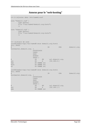 Administration des Services réseau sous Linux
Elies Jebri -Technologue- Page 222
Annexe pour le "web-hosting"
=== A rajouter dans /etc/named.conf
zone "domain1.org" {
type master;
file "/var/named/domain1.org.hosts";
};
zone "domain2.org" {
type master;
file "/var/named/domain2.org.hosts";
};
=== fichiers de zone
root@freeduc-sup:/var/named# more domain1.org.hosts
$ttl 38400
@ IN SOA domain1.org.
hostmaster.domain1.org. (
2004052604
10800
3600
604800
38400 )
@ IN NS ns1.domain1.org.
ns1 IN A 192.168.0.1
www IN CNAME ns1
wiki IN CNAME ns1
w3 IN CNAME ns1
root@freeduc-sup:/var/named# more domain2.org.hosts
$ttl 38400
@ IN SOA domain2.org.
hostmaster.domain2.org. (
2004052604
10800
3600
604800
38400 )
@ IN NS ns1.domain2.org.
ns1 IN A 192.168.1.1
www IN CNAME ns1
 
