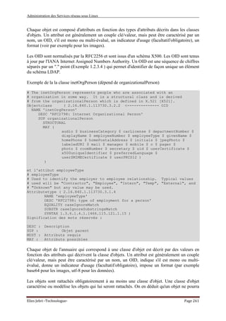 Administration des Services réseau sous Linux
Elies Jebri -Technologue- Page 261
Chaque objet est composé d'attributs en fonction des types d'attributs décrits dans les classes
d'objets. Un attribut est généralement un couple clé/valeur, mais peut être caractérisé par un
nom, un OID, s'il est mono ou multi-évalué, un indicateur d'usage (facultatif/obligatoire), un
format (voir par exemple pour les images).
Les OID sont normalisés par la RFC2256 et sont issus d'un schéma X500. Les OID sont tenus
à jour par l'IANA Internet Assigned Numbers Authority. Un OID est une séquence de chiffres
séparés par un "." point (Exemple 1.2.3.4 ) qui permet d'identifier de façon unique un élément
du schéma LDAP.
Exemple de la la classe inetOrgPerson (dépend de organizationalPerson)
# The inetOrgPerson represents people who are associated with an
# organization in some way. It is a structural class and is derived
# from the organizationalPerson which is defined in X.521 [X521].
Objectclass ( 2.16.840.1.113730.3.2.2 <-------------- OID
NAME 'inetOrgPerson'
DESC 'RFC2798: Internet Organizational Person'
SUP organizationalPerson
STRUCTURAL
MAY (
audio $ businessCategory $ carLicense $ departmentNumber $
displayName $ employeeNumber $ employeeType $ givenName $
homePhone $ homePostalAddress $ initials $ jpegPhoto $
labeledURI $ mail $ manager $ mobile $ o $ pager $
photo $ roomNumber $ secretary $ uid $ userCertificate $
x500uniqueIdentifier $ preferredLanguage $
userSMIMECertificate $ userPKCS12 )
)
et l'attibut employeeType
# employeeType
# Used to identify the employer to employee relationship. Typical values
# used will be "Contractor", "Employee", "Intern", "Temp", "External", and
# "Unknown" but any value may be used.
Attributetype ( 2.16.840.1.113730.3.1.4
NAME 'employeeType'
DESC 'RFC2798: type of employment for a person'
EQUALITY caseIgnoreMatch
SUBSTR caseIgnoreSubstringsMatch
SYNTAX 1.3.6.1.4.1.1466.115.121.1.15 )
Signification des mots réservés :
DESC : Description
SUP : Objet parent
MUST : Attributs requis
MAY : Attributs possibles
Chaque objet de l'annuaire qui correspond à une classe d'objet est décrit par des valeurs en
fonction des attributs qui décrivent la classe d'objets. Un attribut est généralement un couple
clé/valeur, mais peut être caractérisé par un nom, un OID, indique s'il est mono ou multi-
évalué, donne un indicateur d'usage (facultatif/obligatoire), impose un format (par exemple
base64 pour les images, utf-8 pour les données).
Les objets sont rattachés obligatoirement à au moins une classe d'objet. Une classe d'objet
caractérise ou modélise les objets qui lui seront rattachés. On en déduit qu'un objet ne pourra
 