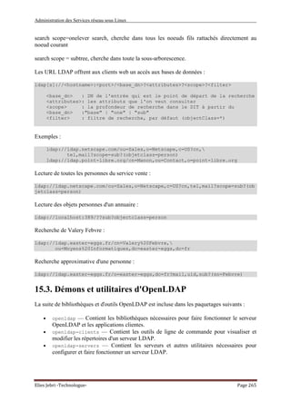 Administration des Services réseau sous Linux
Elies Jebri -Technologue- Page 265
search scope=onelever search, cherche dans tous les noeuds fils rattachés directement au
noeud courant
search scope = subtree, cherche dans toute la sous-arborescence.
Les URL LDAP offrent aux clients web un accès aux bases de données :
ldap[s]://<hostname>:<port>/<base_dn>?<attributes>?<scope>?<filter>
<base_dn> : DN de l'entrée qui est le point de départ de la recherche
<attributes>: les attributs que l'on veut consulter
<scope> : la profondeur de recherche dans le DIT à partir du
<base_dn> :"base" | "one" | "sub"
<filter> : filtre de recherche, par défaut (objectClass=*)
Exemples :
ldap://ldap.netscape.com/ou=Sales,o=Netscape,c=US?cn,
tel,mail?scope=sub?(objetclass=person)
ldap://ldap.point-libre.org/cn=Manon,ou=Contact,o=point-libre.org
Lecture de toutes les personnes du service vente :
ldap://ldap.netscape.com/ou=Sales,o=Netscape,c=US?cn,tel,mail?scope=sub?(ob
jetclass=person)
Lecture des objets personnes d'un annuaire :
ldap://localhost:389/??sub?objectclass=person
Recherche de Valery Febvre :
ldap://ldap.easter-eggs.fr/cn=Valery%20Febvre,
ou=Moyens%20Informatiques,dc=easter-eggs,dc=fr
Recherche approximative d'une personne :
ldap://ldap.easter-eggs.fr/o=easter-eggs,dc=fr?mail,uid,sub?(sn=Febvre)
15.3. Démons et utilitaires d'OpenLDAP
La suite de bibliothèques et d'outils OpenLDAP est incluse dans les paquetages suivants :
• openldap — Contient les bibliothèques nécessaires pour faire fonctionner le serveur
OpenLDAP et les applications clientes.
• openldap-clients — Contient les outils de ligne de commande pour visualiser et
modifier les répertoires d'un serveur LDAP.
• openldap-servers — Contient les serveurs et autres utilitaires nécessaires pour
configurer et faire fonctionner un serveur LDAP.
 