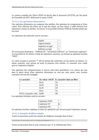 Administration des Services réseau sous Linux
Elies Jebri -Technologue- Page 268
La syntaxe complète des filtres LDAP est décrite dans le document [rfc2254], qui fait partie
de l'ensemble des RFC définissant la norme LDAP.
15.3.1.2. Les opérations élémentaires
Une opération élémentaire est composée d'un attribut, d'un opérateur de comparaison et d'une
valeur. Pour effectuer des filtres sur le type des objets, sur leur classe, il suffit d'utiliser leur
objectclass comme un attribut. Au besoin, il est possible d'utiliser l'OID de l'attribut plutôt que
son nom.
Les opérateurs de recherche sont les suivants :
Égalité : =
Approximation ~=
Supérieur ou égal >=
Inférieur ou égal <=
S'il n'existe pas d'opérateur : "différent de", "strictement inférieur", ou "strictement supérieur",
il est possible de les obtenir à l'aide des opérateurs autorisés, en utilisant un opérateur booléen
"NON".
La valeur accepte le caractère '*' afin de permet des recherches sur des parties de chaînes. Ce
même caractère, seul, permet de tester la présence d'un attribut. Ce caractère n'est valide
qu'avec l'opération d'égalité.
Une opération doit obligatoirement se trouver entre deux parenthèses. Les valeurs qui sont
dans la partie droite d'une opération élémentaire ne sont pas entre quote, mais certains
caractères doivent être échappés :
Le caractère Sa valeur ASCII Le caractère dans un filtre
* 0x2a 2a
( 0x28 28
) 0x29 29
 0x5c 5c
NULL (caractère vide) 0x00 00
Les opérateurs booléens sont les suivants :
L'opérateur NON !
L'opérateur ET &
L'opérateur OU |
Un opérateur booléen s'applique à toutes les opérations qui suivent jusqu'à l'opérateur suivant.
15.3.1.3. Exemples de filtres simples
Toutes les personnes ayant leur numéro de téléphone renseigné dans la base :
(&(objectclass=person)(telephoneNumber=*))
Toutes les personnes dont le nom commence par 'A' et n'habitant pas Paris :
 