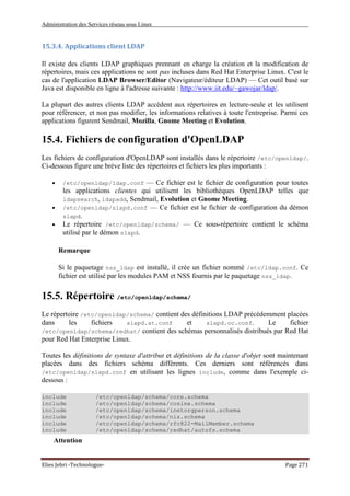 Administration des Services réseau sous Linux
Elies Jebri -Technologue- Page 271
15.3.4. Applications client LDAP
Il existe des clients LDAP graphiques prennant en charge la création et la modification de
répertoires, mais ces applications ne sont pas incluses dans Red Hat Enterprise Linux. C'est le
cas de l'application LDAP Browser/Editor (Navigateur/éditeur LDAP) — Cet outil basé sur
Java est disponible en ligne à l'adresse suivante : http://www.iit.edu/~gawojar/ldap/.
La plupart des autres clients LDAP accèdent aux répertoires en lecture-seule et les utilisent
pour référencer, et non pas modifier, les informations relatives à toute l'entreprise. Parmi ces
applications figurent Sendmail, Mozilla, Gnome Meeting et Evolution.
15.4. Fichiers de configuration d'OpenLDAP
Les fichiers de configuration d'OpenLDAP sont installés dans le répertoire /etc/openldap/.
Ci-dessous figure une brève liste des répertoires et fichiers les plus importants :
• /etc/openldap/ldap.conf — Ce fichier est le fichier de configuration pour toutes
les applications clientes qui utilisent les bibliothèques OpenLDAP telles que
ldapsearch, ldapadd, Sendmail, Evolution et Gnome Meeting.
• /etc/openldap/slapd.conf — Ce fichier est le fichier de configuration du démon
slapd.
• Le répertoire /etc/openldap/schema/ — Ce sous-répertoire contient le schéma
utilisé par le démon slapd.
Remarque
Si le paquetage nss_ldap est installé, il crée un fichier nommé /etc/ldap.conf. Ce
fichier est utilisé par les modules PAM et NSS fournis par le paquetage nss_ldap.
15.5. Répertoire /etc/openldap/schema/
Le répertoire /etc/openldap/schema/ contient des définitions LDAP précédemment placées
dans les fichiers slapd.at.conf et slapd.oc.conf. Le fichier
/etc/openldap/schema/redhat/ contient des schémas personnalisés distribués par Red Hat
pour Red Hat Enterprise Linux.
Toutes les définitions de syntaxe d'attribut et définitions de la classe d'objet sont maintenant
placées dans des fichiers schéma différents. Ces derniers sont référencés dans
/etc/openldap/slapd.conf en utilisant les lignes include, comme dans l'exemple ci-
dessous :
include /etc/openldap/schema/core.schema
include /etc/openldap/schema/cosine.schema
include /etc/openldap/schema/inetorgperson.schema
include /etc/openldap/schema/nis.schema
include /etc/openldap/schema/rfc822-MailMember.schema
include /etc/openldap/schema/redhat/autofs.schema
Attention
 