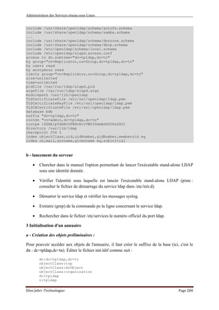 Administration des Services réseau sous Linux
Elies Jebri -Technologue- Page 280
include /usr/share/openldap/schema/autofs.schema
include /usr/share/openldap/schema/samba.schema
...
include /usr/share/openldap/schema/dnszone.schema
include /usr/share/openldap/schema/dhcp.schema
include /etc/openldap/schema/local.schema
include /etc/openldap/slapd.access.conf
access to dn.subtree="dc=tpldap,dc=tn"
by group="cn=Replicator,ou=Group,dc=tpldap,dc=tn"
by users read
by anonymous read
limits group="cn=Replicator,ou=Group,dc=tpldap,dc=tn"
size=unlimited
time=unlimited
pidfile /var/run/ldap/slapd.pid
argsfile /var/run/ldap/slapd.args
modulepath /usr/lib/openldap
TLSCertificateFile /etc/ssl/openldap/ldap.pem
TLSCertificateKeyFile /etc/ssl/openldap/ldap.pem
TLSCACertificateFile /etc/ssl/openldap/ldap.pem
database bdb
suffix "dc=tpldap,dc=tn"
rootdn "cn=admin,dc=tpldap,dc=tn"
rootpw {SSHA}pY6bNv0FBHvRcvVWG3YmmHd40OPxSSO1
directory /var/lib/ldap
checkpoint 256 5
index objectClass,uid,uidNumber,gidNumber,memberuid eq
index cn,mail,surname,givenname eq,subinitial
b - lancement du serveur
• Chercher dans le manuel l'option permettant de lancer l'exécutable stand-alone LDAP
sous une identité donnée.
• Vérifier l'identité sous laquelle est lancée l'exécutable stand-alone LDAP (piste :
consulter le fichier de démarrage du service ldap dans /etc/init.d).
• Démarrer le service ldap et vérifier les messages syslog.
• Extraire (grep) de la commande ps la ligne concernant le service ldap.
• Rechercher dans le fichier /etc/services le numéro officiel du port ldap.
3 Initialisation d'un annuaire
a - Création des objets préliminaires :
Pour pouvoir accéder aux objets de l'annuaire, il faut créer le suffixe de la base (ici, c'est le
dn : dc=tpldap,dc=tn). Éditer le fichier init.ldif comme suit :
dn:dc=tpldap,dc=tn
objectClass:top
objectClass:dcObject
objectClass:organization
dc:tpldap
o:tpldap
 