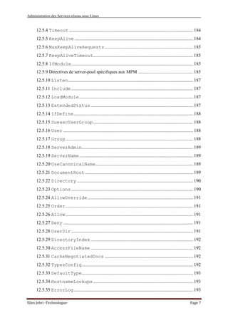 Administration des Services réseau sous Linux
Elies Jebri -Technologue- Page 7
12.5.4 Timeout ............................................................................................................ 184
12.5.5 KeepAlive ....................................................................................................... 184
12.5.6 MaxKeepAliveRequests............................................................................. 185
12.5.7 KeepAliveTimeout....................................................................................... 185
12.5.8 IfModule.......................................................................................................... 185
12.5.9 Directives de server-pool spécifiques aux MPM ................................................ 185
12.5.10 Listen............................................................................................................. 187
12.5.11 Include .......................................................................................................... 187
12.5.12 LoadModule................................................................................................... 187
12.5.13 ExtendedStatus ......................................................................................... 187
12.5.14 IfDefine........................................................................................................ 188
12.5.15 SuexecUserGroup....................................................................................... 188
12.5.16 User ................................................................................................................. 188
12.5.17 Group............................................................................................................... 188
12.5.18 ServerAdmin................................................................................................. 189
12.5.19 ServerName................................................................................................... 189
12.5.20 UseCanonicalName..................................................................................... 189
12.5.21 DocumentRoot .............................................................................................. 189
12.5.22 Directory ..................................................................................................... 190
12.5.23 Options .......................................................................................................... 190
12.5.24 AllowOverride............................................................................................ 191
12.5.25 Order............................................................................................................... 191
12.5.26 Allow............................................................................................................... 191
12.5.27 Deny ................................................................................................................. 191
12.5.28 UserDir .......................................................................................................... 191
12.5.29 DirectoryIndex ......................................................................................... 192
12.5.30 AccessFileName ......................................................................................... 192
12.5.31 CacheNegotiatedDocs ............................................................................. 192
12.5.32 TypesConfig................................................................................................. 192
12.5.33 DefaultType................................................................................................. 193
12.5.34 HostnameLookups....................................................................................... 193
12.5.35 ErrorLog........................................................................................................ 193
 