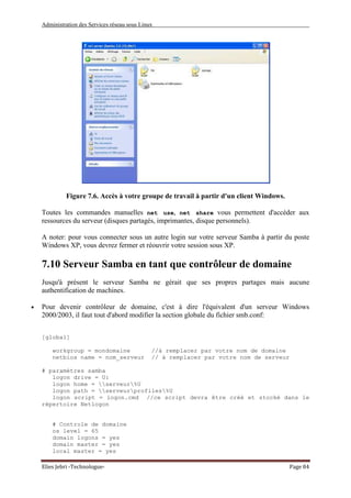 Administration des Services réseau sous Linux
Elies Jebri -Technologue- Page 84
Figure 7.6. Accès à votre groupe de travail à partir d'un client Windows.
Toutes les commandes manuelles net use, net share vous permettent d'accéder aux
ressources du serveur (disques partagés, imprimantes, disque personnels).
A noter: pour vous connecter sous un autre login sur votre serveur Samba à partir du poste
Windows XP, vous devrez fermer et réouvrir votre session sous XP.
7.10 Serveur Samba en tant que contrôleur de domaine
Jusqu'à présent le serveur Samba ne gérait que ses propres partages mais aucune
authentification de machines.
• Pour devenir contrôleur de domaine, c'est à dire l'équivalent d'un serveur Windows
2000/2003, il faut tout d'abord modifier la section globale du fichier smb.conf:
[global]
workgroup = mondomaine //à remplacer par votre nom de domaine
netbios name = nom_serveur // à remplacer par votre nom de serveur
# paramètres samba
logon drive = U:
logon home = serveur%U
logon path = serveurprofiles%U
logon script = logon.cmd //ce script devra être créé et stocké dans le
répertoire Netlogon
# Controle de domaine
os level = 65
domain logons = yes
domain master = yes
local master = yes
 