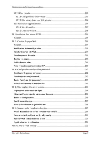 Administration des Services réseau sous Linux
Elies Jebri -Technologue- Page 9
12.7. Hôtes virtuels............................................................................................................. 202
12.7.1 Configuration d'hôtes virtuels ............................................................................. 203
12.7.2 Hôte virtuel du serveur Web sécurisé ................................................................. 204
12.8 Ressources supplémentaires....................................................................................... 204
12.8.1 Sites Web utiles................................................................................................... 205
12.8.2 Livres sur le sujet ................................................................................................ 205
TP 1 installation d'un serveur HTTP...................................................................................... 206
Résumé .............................................................................................................................. 206
TP 2 : Création de pages Web................................................................................................ 209
Résumé .............................................................................................................................. 209
Vérification de la configuration ...................................................................................... 209
Installation d'un site Web................................................................................................ 209
Développement d'un site.................................................................................................. 210
Test de vos pages .............................................................................................................. 210
Utilisation des alias........................................................................................................... 211
Auto évaluation sur le deuxième TP............................................................................... 211
TP 3 : Configuration des répertoires personnels .................................................................... 212
Configurer le compte personnel...................................................................................... 212
Développer un site personnel .......................................................................................... 212
Tester l'accès au site personnel ....................................................................................... 213
Auto-évaluation sur le troisième TP............................................................................... 213
TP 4 : Mise en place d'un accès sécurisé................................................................................ 214
Déployer un site d'accès en ligne..................................................................................... 214
Sécuriser l'accès à ce site par un mot de passe .............................................................. 214
Tester la configuration..................................................................................................... 215
Les fichiers .htaccess ........................................................................................................ 215
Auto-évaluation sur le quatrième TP ............................................................................. 215
TP 5 : Serveurs webs virtuels et redirection........................................................................... 217
Avant de commencer sur les serveurs web virtuels ...................................................... 219
Serveur web virtuel basé sur les adresses ip.................................................................. 219
Serveur Web virtuel basé sur le nom ............................................................................. 220
Application sur la redirection ......................................................................................... 221
Annexe pour le "web-hosting" ............................................................................................... 222
 