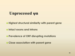Unprocessed ψn 
 Highest structural similarity with parent gene 
 Intact exons and introns 
 Prevalence of ORF disrupting mutations 
 Close association with parent gene 
10 
 