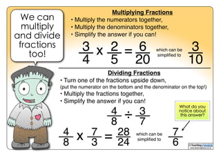 www.teachingpacks.co.uk
©
We can
multiply
and divide
fractions
too!
Multiplying Fractions
• Multiply the numerators together,
• Multiply the denominators together,
• Simplify the answer if you can!
3
4
2
5
6
20
x =
Dividing Fractions
• Turn one of the fractions upside down,
(put the numerator on the bottom and the denominator on the top!)
• Multiply the fractions together,
• Simplify the answer if you can!
3
10
which can be
simpliﬁed to
4
8
7
3
28
24
x = 7
6
which can be
simpliﬁed to
4
8
3
7
÷
What do you
notice about
this answer?
 