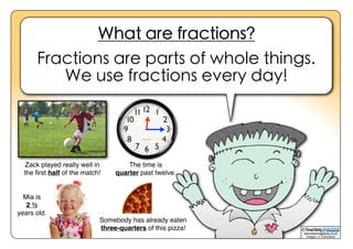 What are fractions?
Fractions are parts of whole things.
We use fractions every day!
The time is
quarter past twelve.
Somebody has already eaten
three-quarters of this pizza!
Zack played really well in
the ﬁrst half of the match!
Mia is
2 ½
years old.
www.teachingpacks.co.uk
Images: © ThinkStock
©
 