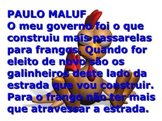 PAULO MALUFPAULO MALUF
O meu governo foi o queO meu governo foi o que
construiu mais passarelasconstruiu mais passarelas
para frangos. Quando forpara frangos. Quando for
eleito de novo são oseleito de novo são os
galinheiros deste lado dagalinheiros deste lado da
estrada que vou construir.estrada que vou construir.
Para o frango não ter maisPara o frango não ter mais
que atravessar a estrada.que atravessar a estrada.
 