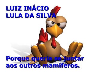 LUIZ INÁCIO  LULA DA SILVA Porque queria se juntar aos outros mamíferos. 