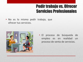 Pedir trabajo vs. Ofrecer
Servicios Profesionales
• No es lo mismo pedir trabajo, que
ofrecer tus servicios.
• El proceso de búsqueda de
empleo es en realidad un
proceso de venta de servicios.
 