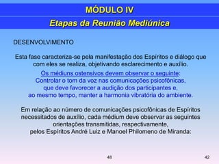 DESENVOLVIMENTO
Esta fase caracteriza-se pela manifestação dos Espíritos e diálogo que
com eles se realiza, objetivando esclarecimento e auxílio.
Os médiuns ostensivos devem observar o seguinte:
Controlar o tom da voz nas comunicações psicofônicas,
que deve favorecer a audição dos participantes e,
ao mesmo tempo, manter a harmonia vibratória do ambiente.
Em relação ao número de comunicações psicofônicas de Espíritos
necessitados de auxílio, cada médium deve observar as seguintes
orientações transmitidas, respectivamente,
pelos Espíritos André Luiz e Manoel Philomeno de Miranda:
Etapas da Reunião Mediúnica
MÓDULO IV
4248
 