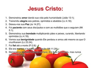 Jesus Cristo:
1. Demonstrou amor dando sua vida pela humanidade (João 13:1);
2. Transmitiu alegria aos pobres, oprimidos e abatidos (Lc 4.18);
3. Deixou-nos sua Paz (Jo 14.27);
4. Foi paciente com seus discípulos e com as multidões que o seguiam (Mt
5.1);
5. Demonstrou sua bondade multiplicando pães e peixes, curando, libertando
oprimidos (Lc 4.18);
6. Vemos sua benignidade quando Ele perdoou e amou até mesmo os que O
crucificaram (Lc 23.24);
7. Foi fiel até a morte (Fl 2:8);
8. Ele era manso e humilde de coração (Mt 11.29);
9. Demonstrou domínio próprio sempre; Em tudo foi tentado, mas nunca
pecou (Hb 4.15)
 