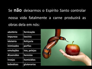 Se não deixarmos o Espírito Santo controlar
nossa vida fatalmente a carne produzirá as
obras dela em nós:
adultério fornicação
impureza lascívia
Idolatria feitiçaria
inimizades porfias
emulações iras, pelejas
dissensões heresias
Invejas homicídios
bebedices glutonarias
 