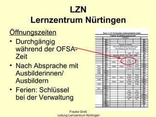 LZN
      Lernzentrum Nürtingen
Öffnungszeiten
• Durchgängig
  während der OFSA-
  Zeit
• Nach Absprache mit
  Ausbilderinnen/
  Ausbildern
• Ferien: Schlüssel
  bei der Verwaltung
                      Frauke Groß
             Leitung Lernzentrum Nürtingen
 