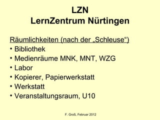 LZN LernZentrum Nürtingen Räumlichkeiten (nach der „Schleuse“) Bibliothek Medienräume MNK, MNT, WZG Labor Kopierer, Papierwerkstatt Werkstatt Veranstaltungsraum, U10 F. Groß, Februar 2012 