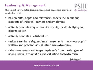 The extent to which leaders, managers and governors provide a
curriculum that:
• has breadth, depth and relevance - meets the needs and
interests of children, learners and employers
• actively promotes equality and diversity, tackles bullying and
discrimination
• actively promotes British values
• makes sure that safeguarding arrangements …promote pupils’
welfare and prevent radicalisation and extremism.
• raises awareness and keeps pupils safe from the dangers of
abuse, sexual exploitation, radicalisation and extremism
[abridged]
www.pshe-association.org.uk 10
Leadership & Management
www.pshe-association.org.uk
 
