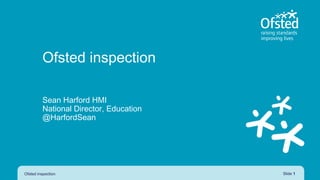 Ofsted inspection
Sean Harford HMI
National Director, Education
@HarfordSean
Ofsted inspection Slide 1
 